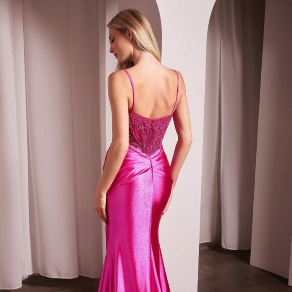 NEW FORMAL SLEEVELESS SHEATH PEARLS EMBELLISHED PROM GOWN W/ SHEER BODICE CC0238 - Picture 5 of 10